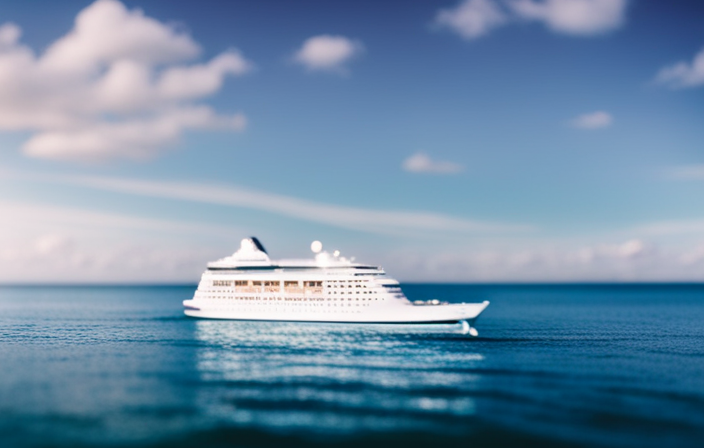An image showcasing a side view of a majestic cruise ship elegantly gliding through sparkling azure waters, with clear visibility of its submerged hull and the waterline marking the draft
