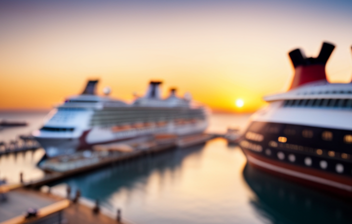 An image showcasing a picturesque sunrise over a bustling dockside, adorned with vibrant Carnival Cruise ships
