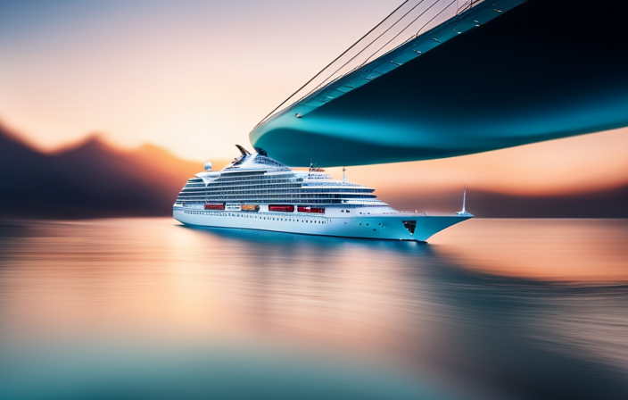 An image showcasing a sleek, futuristic cruise ship gliding effortlessly through crystal-clear turquoise waters, leaving a foamy wake behind
