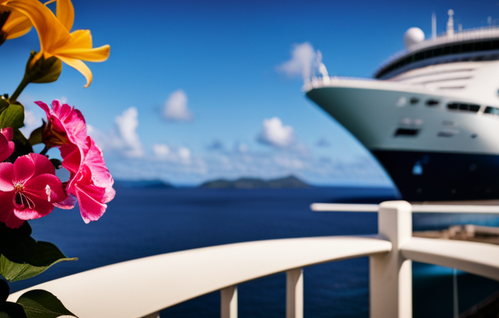 An image capturing the moment a passenger steps onto a luxurious cruise ship, surrounded by gleaming white railings adorned with vibrant tropical flowers, as a warm breeze tousles their hair and the deep blue ocean stretches endlessly before them