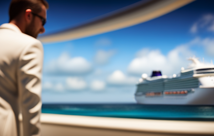 An image featuring a serene ocean backdrop with a vibrant, spacious cruise ship sailing through crystal-clear waters
