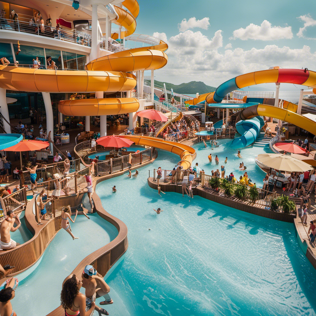 An image showcasing a vibrant pool deck with towering water slides, a lively outdoor bar serving colorful cocktails, and enthusiastic passengers engaging in thrilling activities like rock climbing and zip-lining, capturing the essence of the most exhilarating cruise line