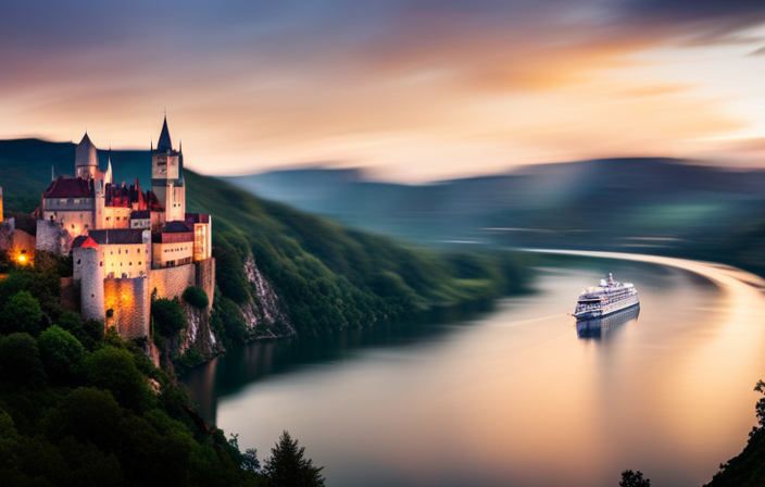An image showcasing a picturesque European river, adorned with charming medieval castles and vibrant vineyards lining its banks