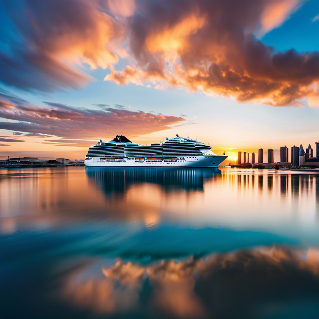 An image showcasing the magnificent silhouette of the newest MSC Cruise Ship, with its sleek white exterior and towering decks adorned with floor-to-ceiling glass panels, surrounded by a backdrop of azure waters and a vibrant sunset sky