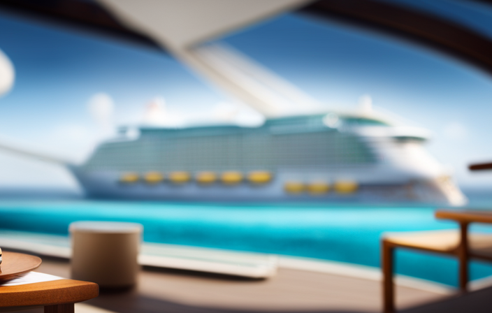 An image showcasing the grandeur of the newest Royal Caribbean cruise ship: a towering vessel adorned with gleaming glass windows, multiple decks lined with vibrant lounges, and a massive water slide spiraling down into turquoise waters