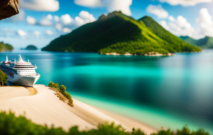 An image that showcases a serene cruise ship gliding through crystal-clear turquoise waters, surrounded by a protective barrier of lush green islands, under a radiant blue sky, exuding a sense of safety and tranquility