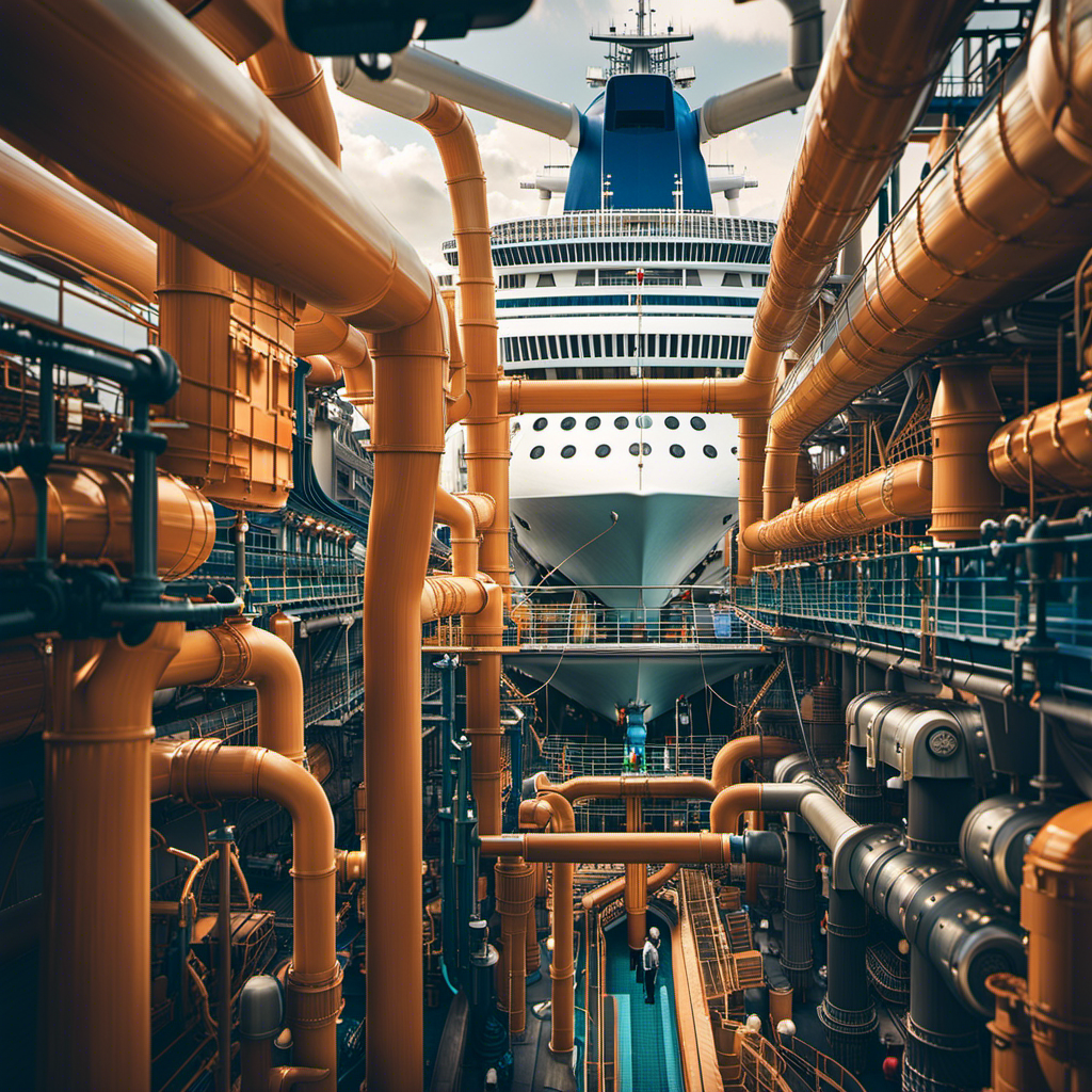 An image depicting a bustling cruise ship with a vast network of intricate pipes and filtration systems, transporting and treating waste discreetly, ensuring an environmentally friendly disposal process