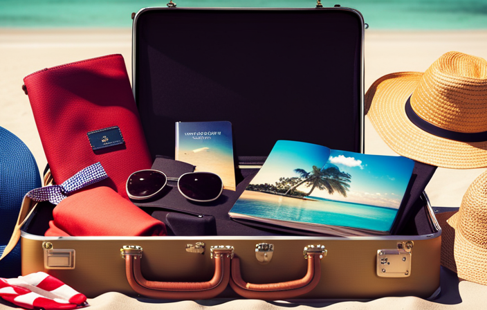 An image showcasing a suitcase filled with a variety of vacation essentials, including swimwear, sunscreen, sunglasses, flip flops, a camera, a beach towel, a travel guide, a passport, and a stylish hat, perfectly representing the ultimate packing list for a 7-day cruise