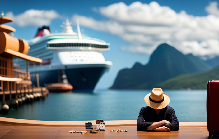 An image of a disappointed traveler, surrounded by overpriced trinkets, tacky souvenirs, and unnecessary gadgets, while a cruise ship looms in the background, symbolizing the regret of buying unnecessary items on a cruise