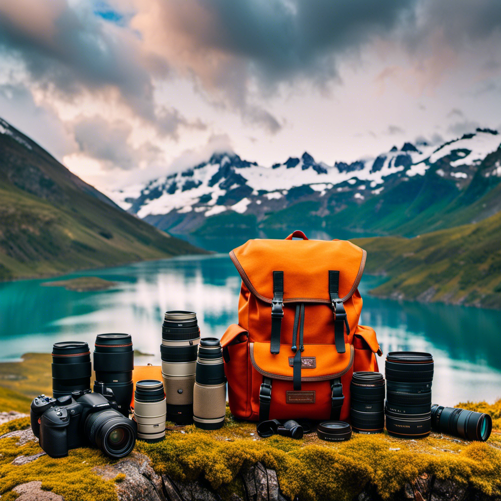 An image showcasing a vibrant backpack, filled with essentials for an Alaskan cruise: a warm fleece jacket, sturdy hiking boots, a pair of binoculars, a waterproof camera, and a guidebook with vivid wildlife illustrations