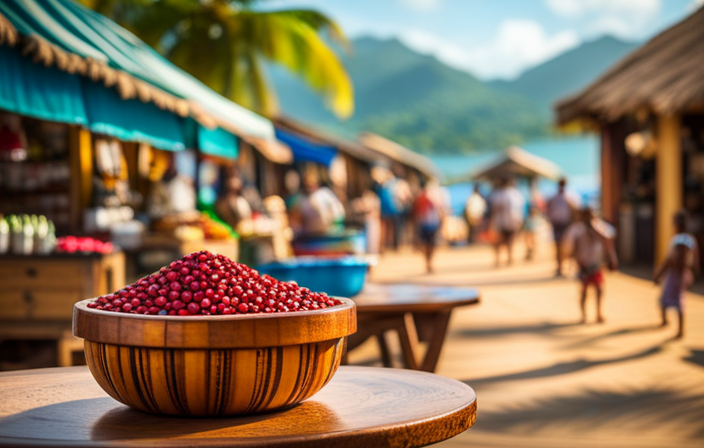 An image showcasing a vibrant marketplace in Amber Cove Cruise Port, bustling with colorful stalls filled with handmade crafts, tropical fruits, and enticing spices, surrounded by lush palm trees and the sparkling Caribbean Sea