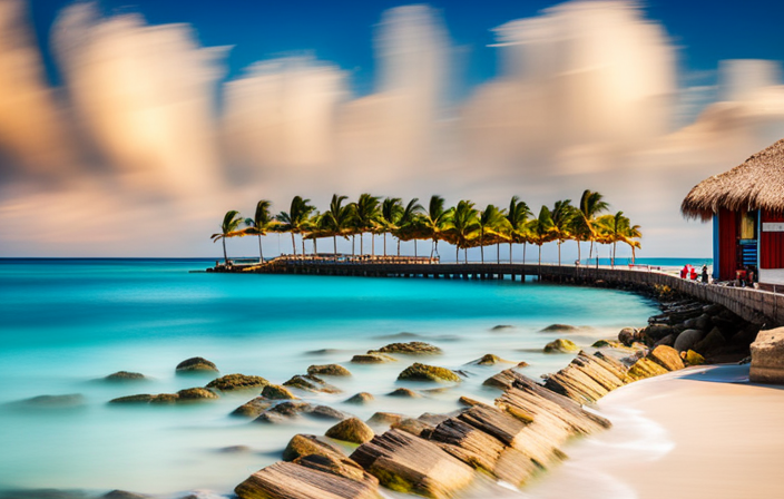 An image capturing the vibrant essence of Costa Maya Cruise Port: a turquoise shoreline fringed with palm trees, bustling waterfront marketplaces, ancient Mayan ruins looming in the background, and cheerful tourists enjoying water activities and local cuisine