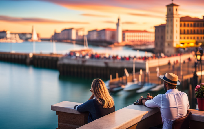 An image that showcases the vibrant Livorno cruise port, capturing the bustling waterfront lined with colorful shops and cafes, elegant cruise ships anchored in the background, and locals strolling along the picturesque promenade