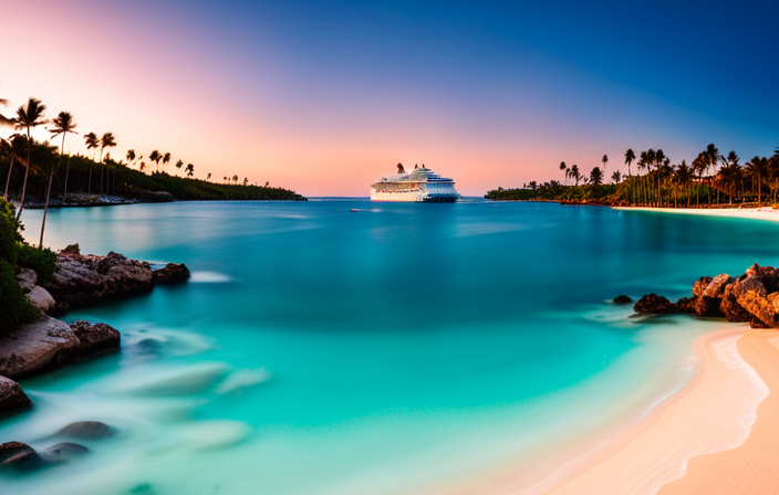 An image showcasing the crystal-clear turquoise waters of Nassau's pristine beaches, fringed with swaying palm trees, vibrant coral reefs teeming with colorful marine life, and a majestic cruise ship anchored nearby