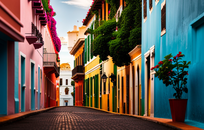 An image showcasing the vibrant colors of Old San Juan - narrow cobblestone streets lined with colorful colonial buildings, adorned with intricate wrought-iron balconies, and surrounded by lush greenery and the sparkling blue waters of the Caribbean Sea