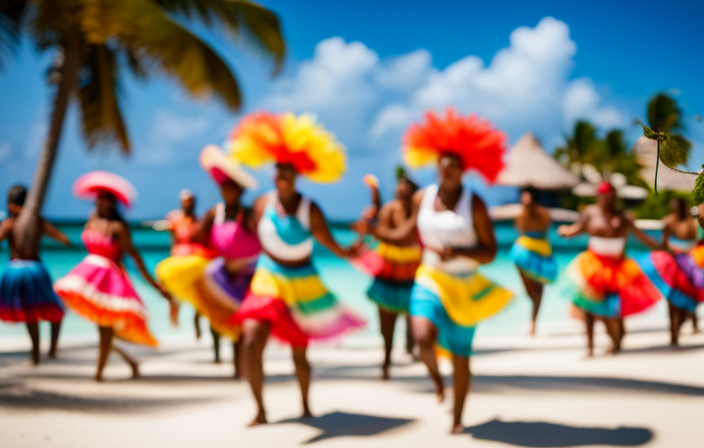 An image showcasing the vibrant Junkanoo Festival in the Bahamas, with locals dressed in colorful costumes, dancing to rhythmic beats, surrounded by palm trees, crystal-clear turquoise waters, and a majestic cruise ship in the background