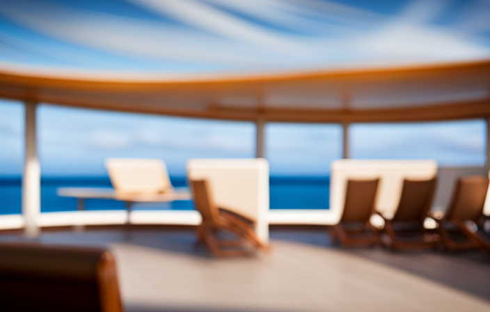 An image showcasing a serene, sun-kissed cruise deck, adorned with plush loungers overlooking a vast, sparkling ocean