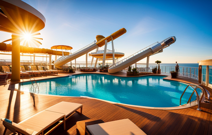 An image showcasing a vibrant pool deck on a Royal Caribbean cruise ship, lined with sun loungers, palm trees, and a towering waterslide, while passengers enjoy the sparkling turquoise waters and clear blue sky