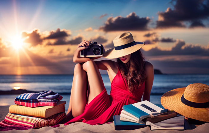 An image showcasing a neatly folded stack of colorful resort wear, including swimsuits, sundresses, shorts, and sandals, alongside a stylish straw hat, sunscreen, a camera, a book, and a passport
