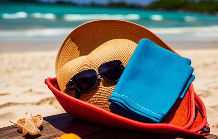An image showcasing a vibrant beach tote filled with essentials for a Caribbean cruise: a sun hat, beach towel, sunscreen, snorkeling gear, a tropical guidebook, sunglasses, and a colorful sarong