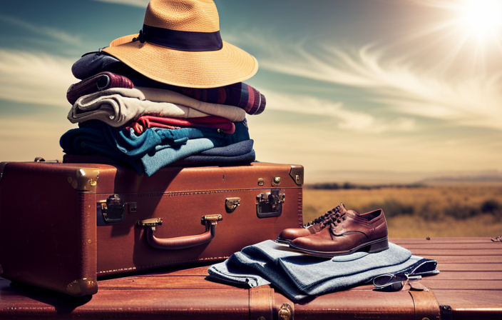 An image showcasing a neatly folded stack of clothing, including lightweight, breathable shirts, comfortable walking shoes, a waterproof jacket, sunglasses, a sunhat, and a guidebook, all arranged on a vintage suitcase