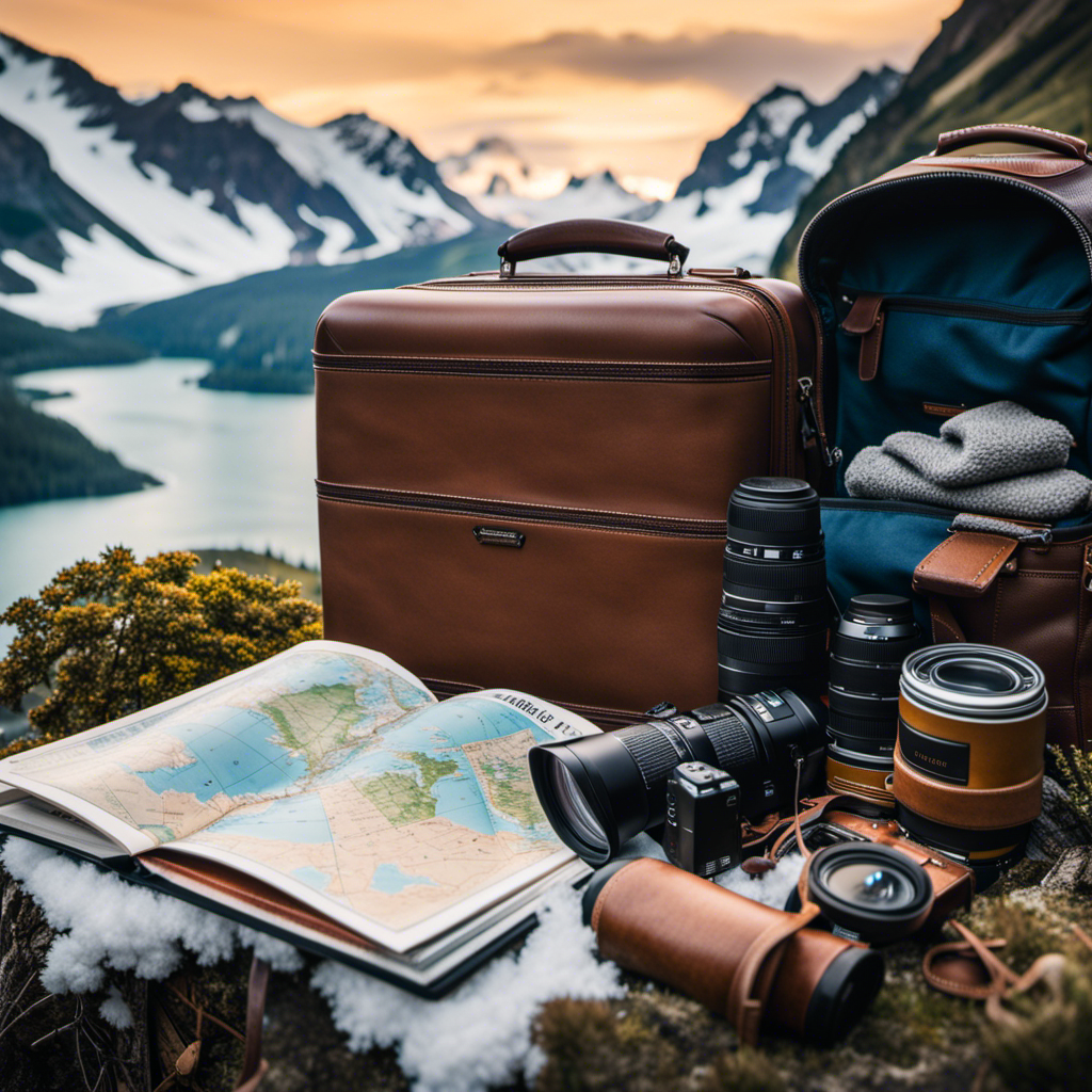 An image featuring a compact suitcase overflowing with warm, waterproof layers such as fleece jackets, thermal leggings, beanies, and sturdy hiking boots