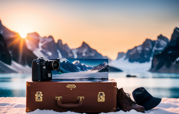 An image featuring a suitcase filled with warm layers, waterproof jackets, sturdy boots, binoculars, a camera, and a hat