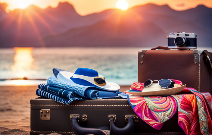 An image showcasing a vibrant beach towel, sun hat, swimwear, sunscreen, sunglasses, a tropical-patterned dress, flip-flops, a snorkel, a camera, a guidebook, and a passport laid out neatly on a suitcase
