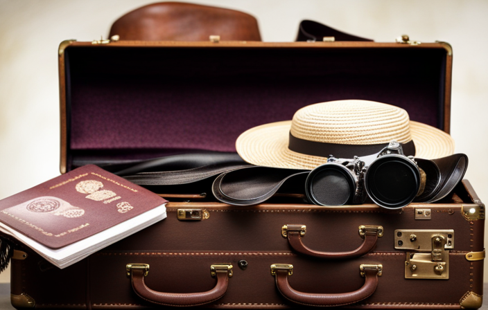An image showcasing a neatly folded sundress, a wide-brimmed hat, a pair of binoculars, a guidebook, and a passport nestled in a chic leather travel wallet, all carefully arranged on a vintage suitcase