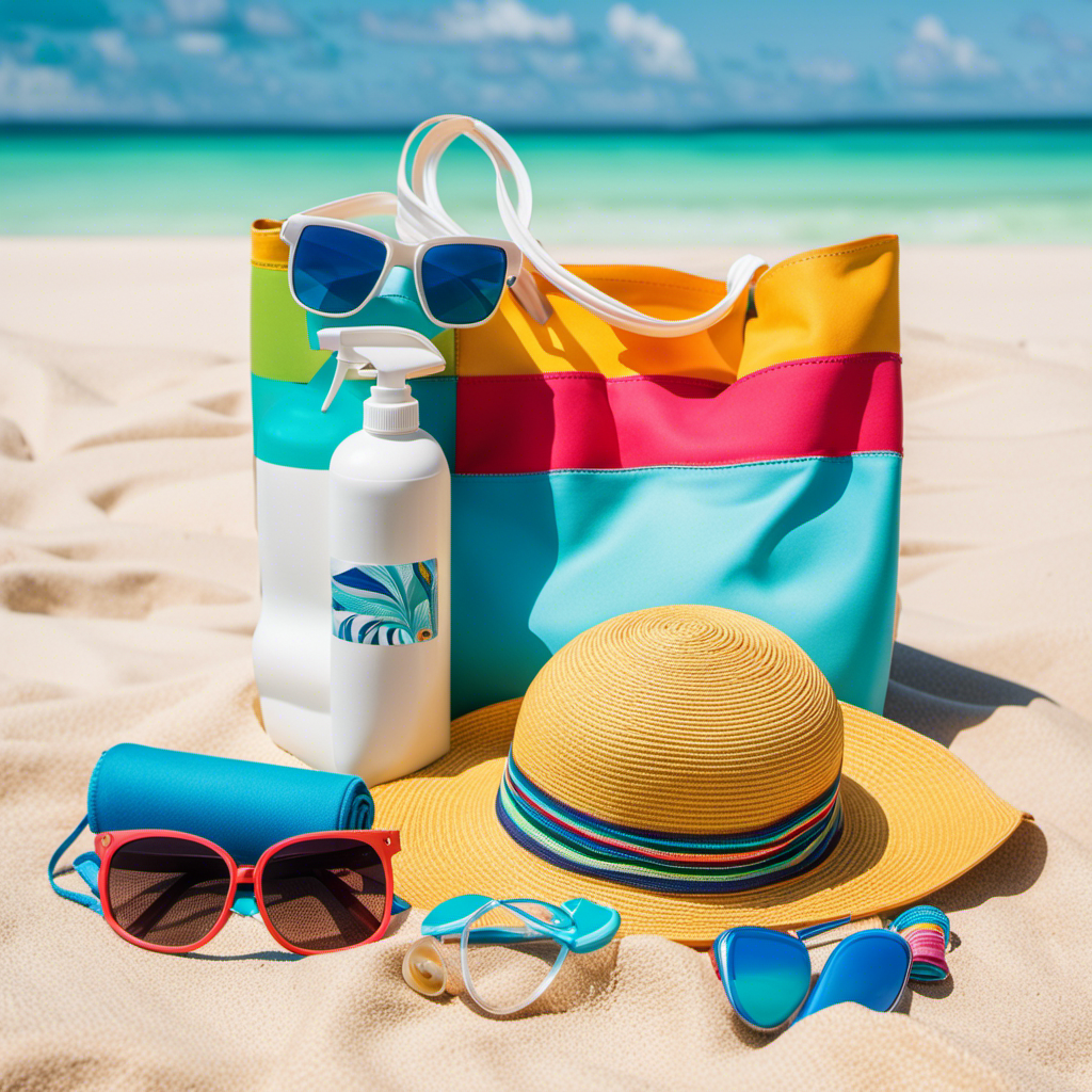 An image showcasing a vibrant beach towel, a pair of sunglasses, a floppy-brimmed hat, a snorkel mask, a colorful swimsuit, and a sunscreen bottle, all neatly packed inside a bright and spacious beach bag