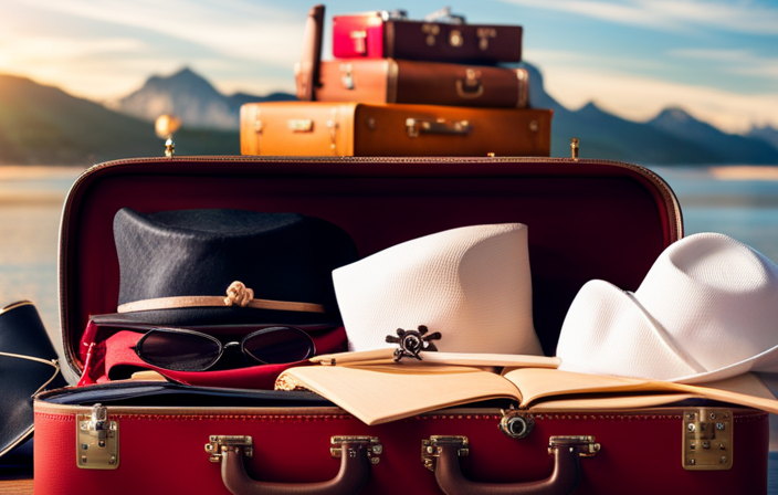 An image featuring a colorful suitcase overflowing with essentials for a Disney cruise: swimsuits, sunhats, Mickey ears, sunscreen, passports, camera, a pirate costume, flip-flops, autograph books, and a pair of Mickey and Minnie plush toys