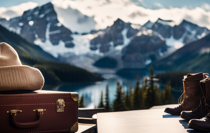 An image showcasing a suitcase filled with warm, waterproof jackets, thick woolen sweaters, sturdy hiking boots, a cozy beanie, and binoculars