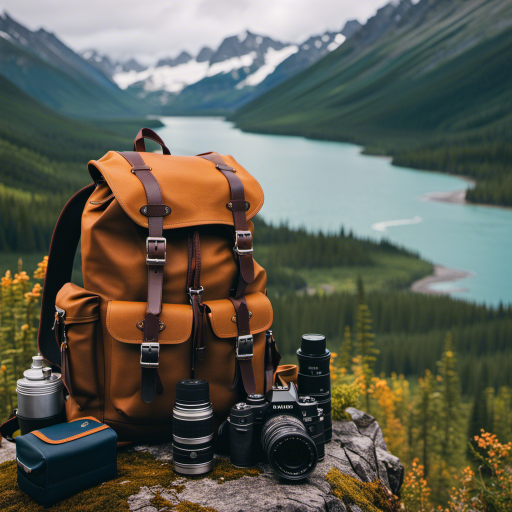 An image showcasing a sturdy backpack filled with warm layers, waterproof boots, binoculars, a camera, a map, a thermos, and a compass, all surrounded by a breathtaking Alaskan landscape