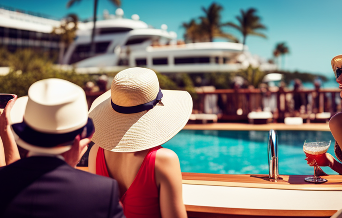 An image showcasing a sun-kissed deck with a sparkling turquoise pool, surrounded by stylishly dressed passengers