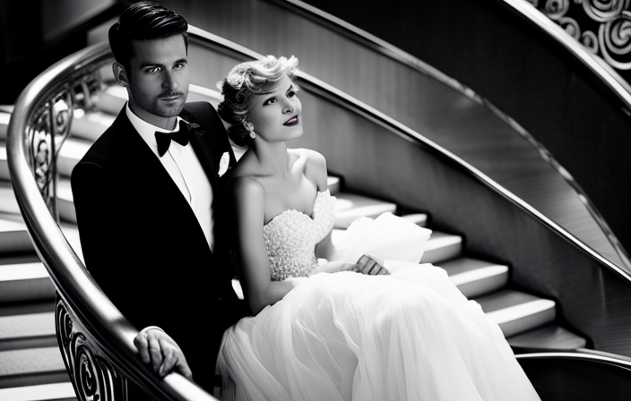An image showcasing an elegant, well-dressed couple on a cruise ship's grand staircase