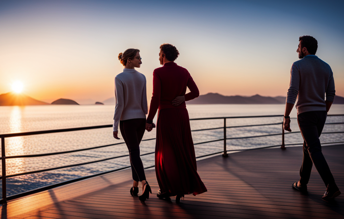 An image showcasing a serene Mediterranean seascape at sunset, with a stylish couple strolling along the deck of a luxurious cruise ship