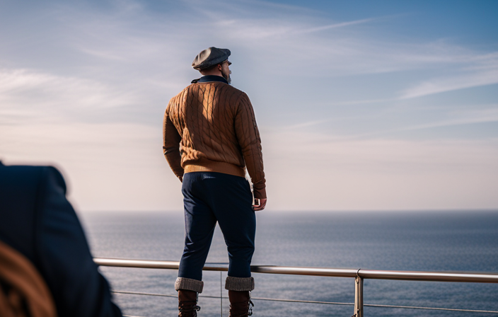 An image showcasing a stylish traveler on a Viking Ocean Cruise, wearing a cozy cable-knit sweater, rugged leather boots, and a fur-trimmed hat, with the shimmering blue sea in the background