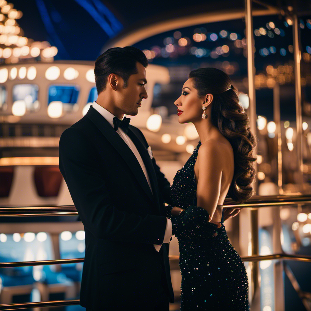 An image showcasing a glamorous couple on a cruise ship's Captain's Night