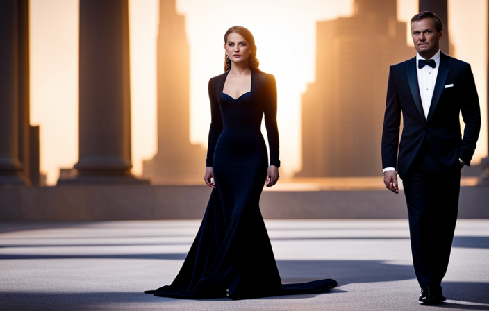 An image showcasing an elegant and vibrant evening attire, featuring a sleek black tuxedo with a crisp white bow tie, complemented by a dazzling, floor-length gown in a captivating shade of sapphire blue