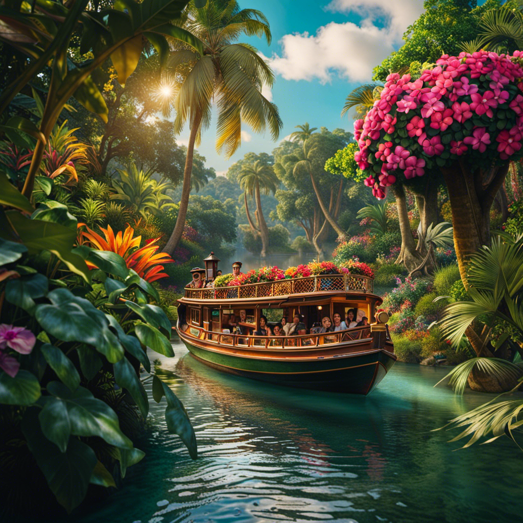 An image showcasing a lush, vibrant jungle scene with a vintage boat adorned in colorful flowers, sailing along a winding river