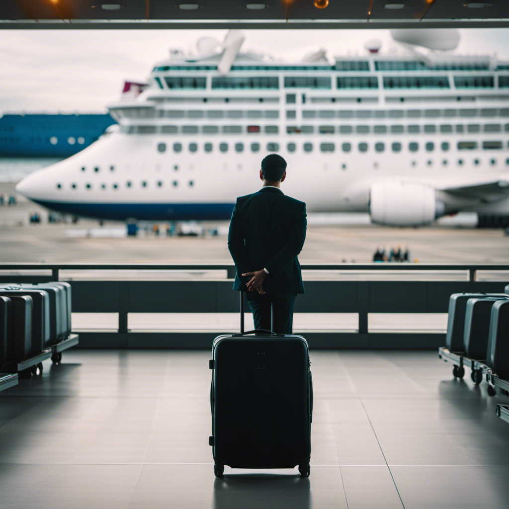 An image of a stranded traveler at an airport, surrounded by suitcases, looking worriedly at a cruise ship leaving in the distance, symbolizing the frustration and uncertainty caused by flight cancellations during a cruise trip