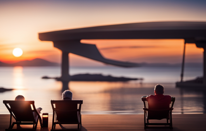 An image capturing the essence of the perfect cruise booking moment - a serene sunset on the horizon, casting a warm glow over a deck adorned with lounge chairs, while a couple clinks glasses, celebrating their wise decision