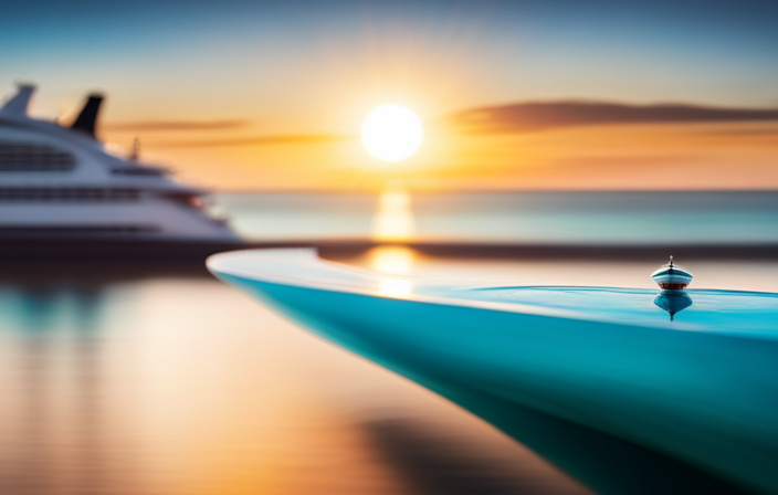 An image showcasing a serene turquoise sea, with a majestic cruise ship gliding through crystal-clear waters