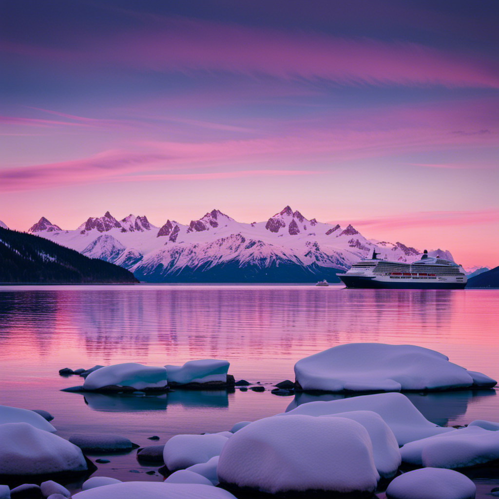 An image showcasing a serene Alaskan seascape at twilight, with a majestic cruise ship gliding through icy waters surrounded by snow-capped mountains