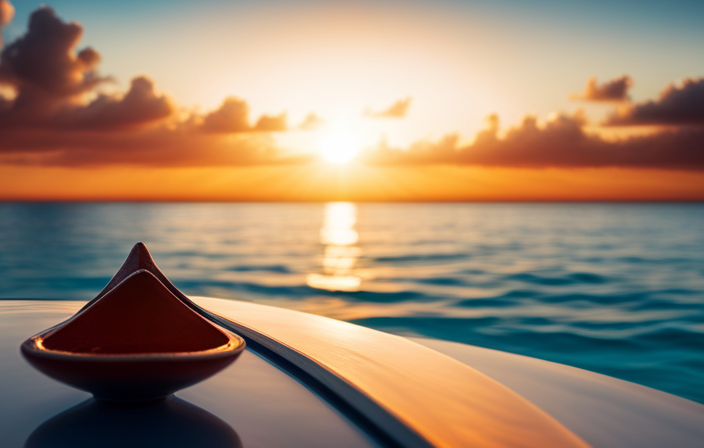An image showcasing a vibrant sunset over an endless expanse of calm turquoise waters, with a cruise ship elegantly sailing amidst the golden hues, inviting readers to discover the ideal time to book their dream cruise