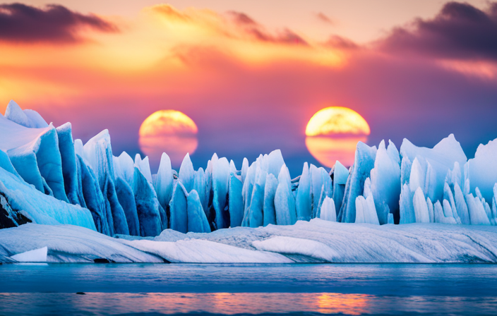 Capture an image of a majestic glacier in Alaska, partially bathed in the soft golden light of a breathtaking sunset