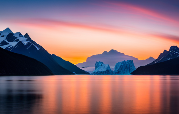 An image showcasing a serene Alaskan landscape with a radiant sunset casting hues of pink and orange over a majestic glacier, as a cruise ship gracefully sails through calm waters