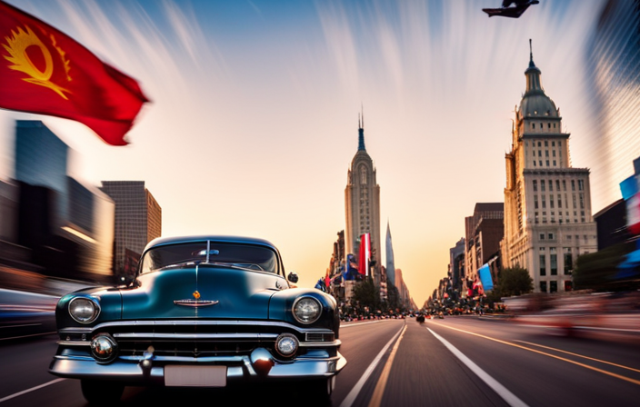 An image capturing the vibrant atmosphere of the Woodward Cruise: classic cars gliding along the iconic boulevard adorned with colorful flags, spectators cheering, and the sun casting a warm glow on the festivities