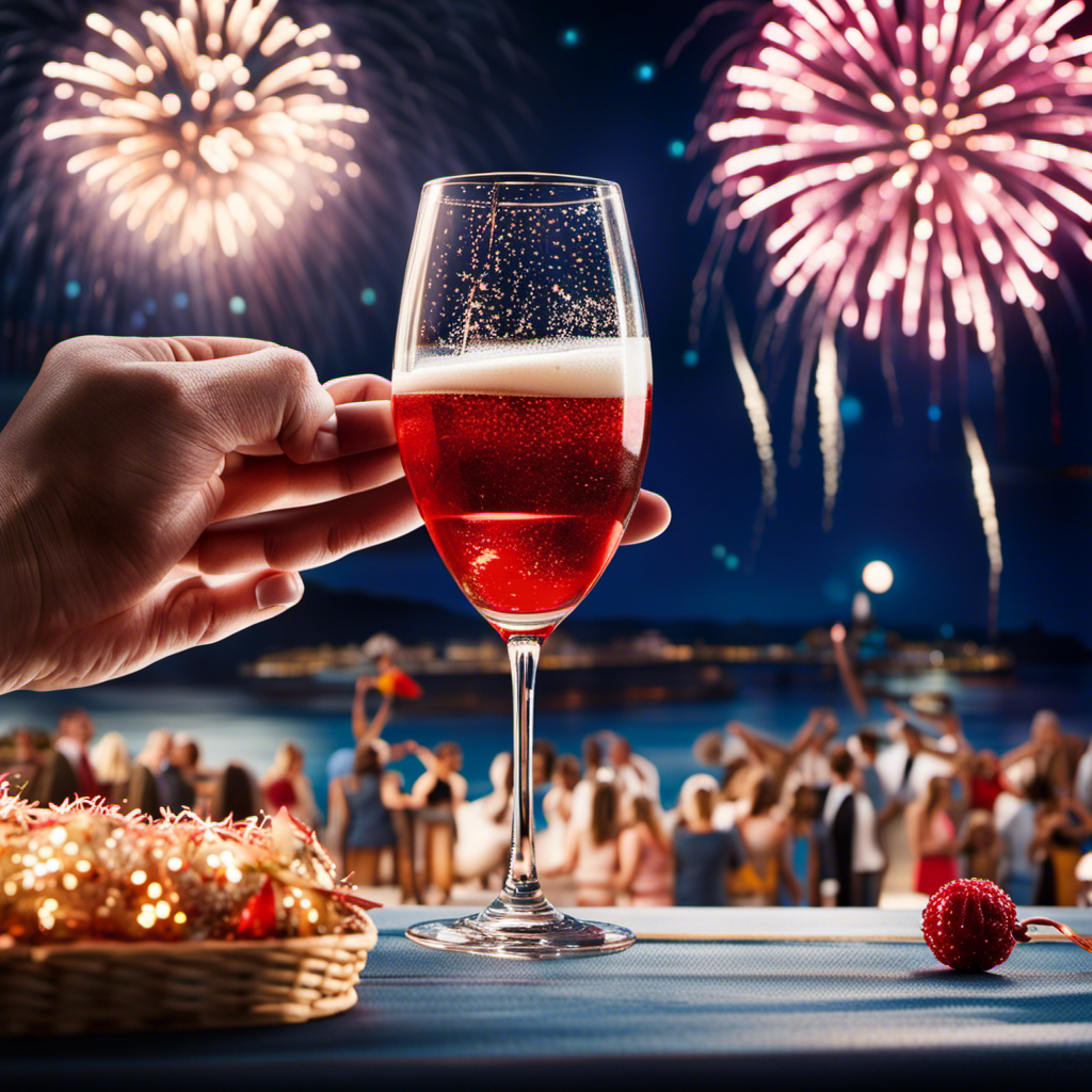 An image showcasing the birth of Carnival Cruise Line: a vibrant backdrop of 4th of July fireworks, a retro cruise ship sailing through waves, and a group of jubilant founders clinking champagne glasses