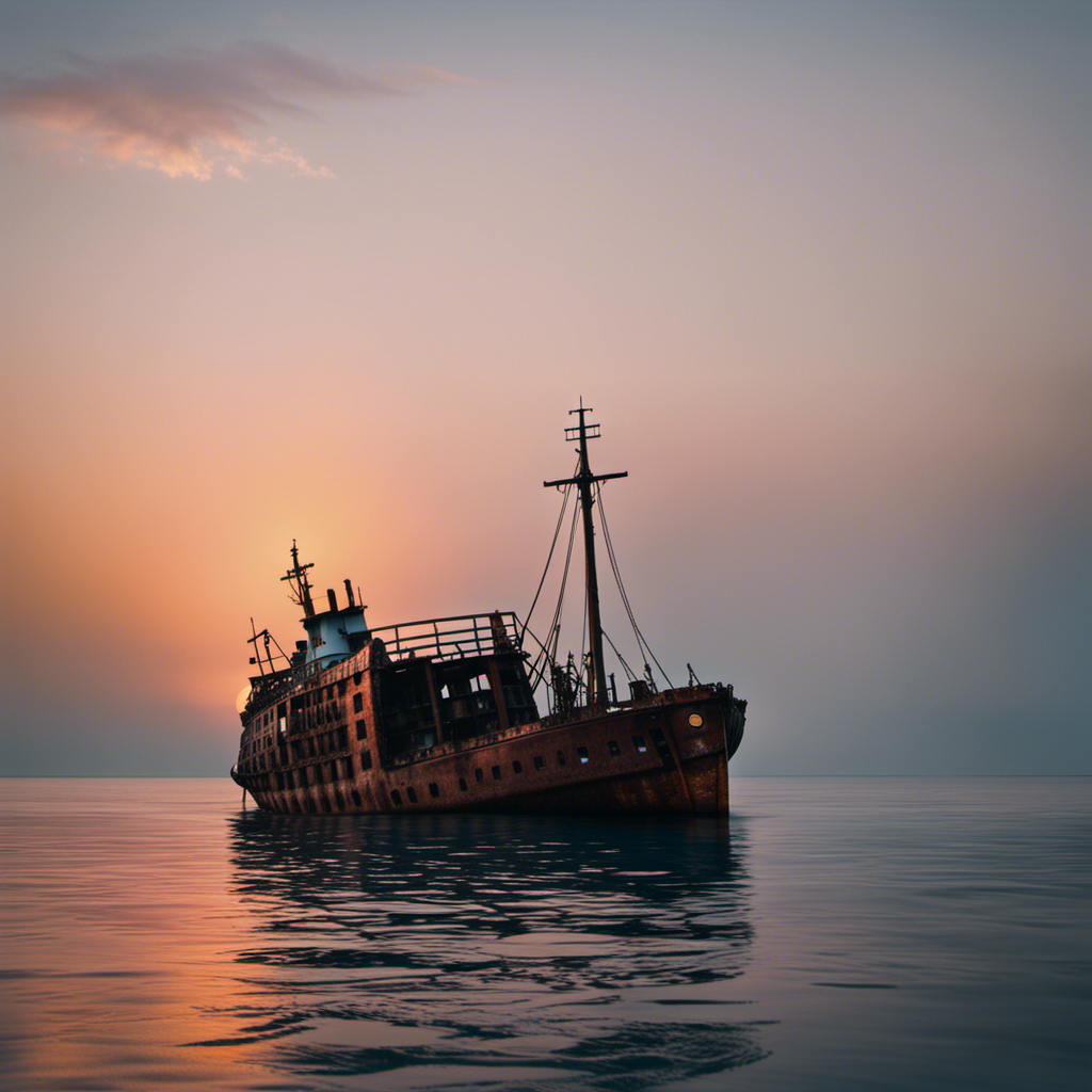 An image showcasing a serene ocean sunset, with a partially submerged, rusted shipwreck emerging from the calm waters